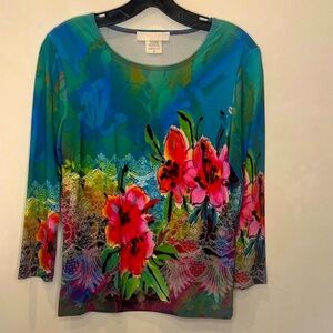 NU Construction, Blue Green Floral Print Top, Size Medium
